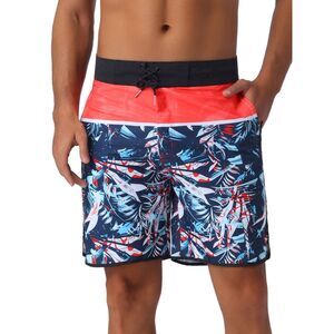 Tropical Vocation Drawstring Hawaiian Print Athletic Swim Trunks Black Red